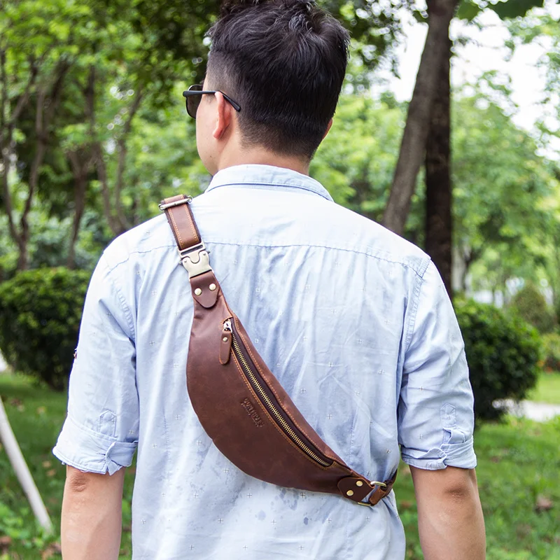 Riñonera de cuero genuino Crazy Horse para hombre, bolso de un solo hombro, para teléfono, 2023