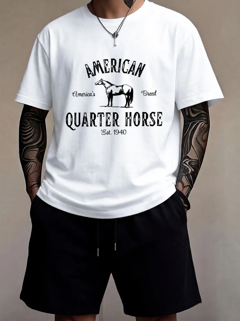

Amercan Quarter Horse Print Man'S Breathable All-Match Tops Sets Drawstring Summer Loose Pants Cotton Beach O-Neck T-Shirt