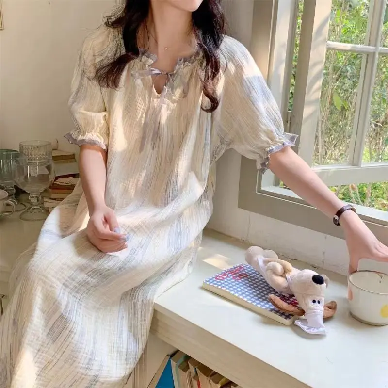 

Striped Tie-dye Nightgown for Women in Summer Korean Style Cute New Short-sleeved Home Clothes Dresses Pajamas Sleep Nightie Hot