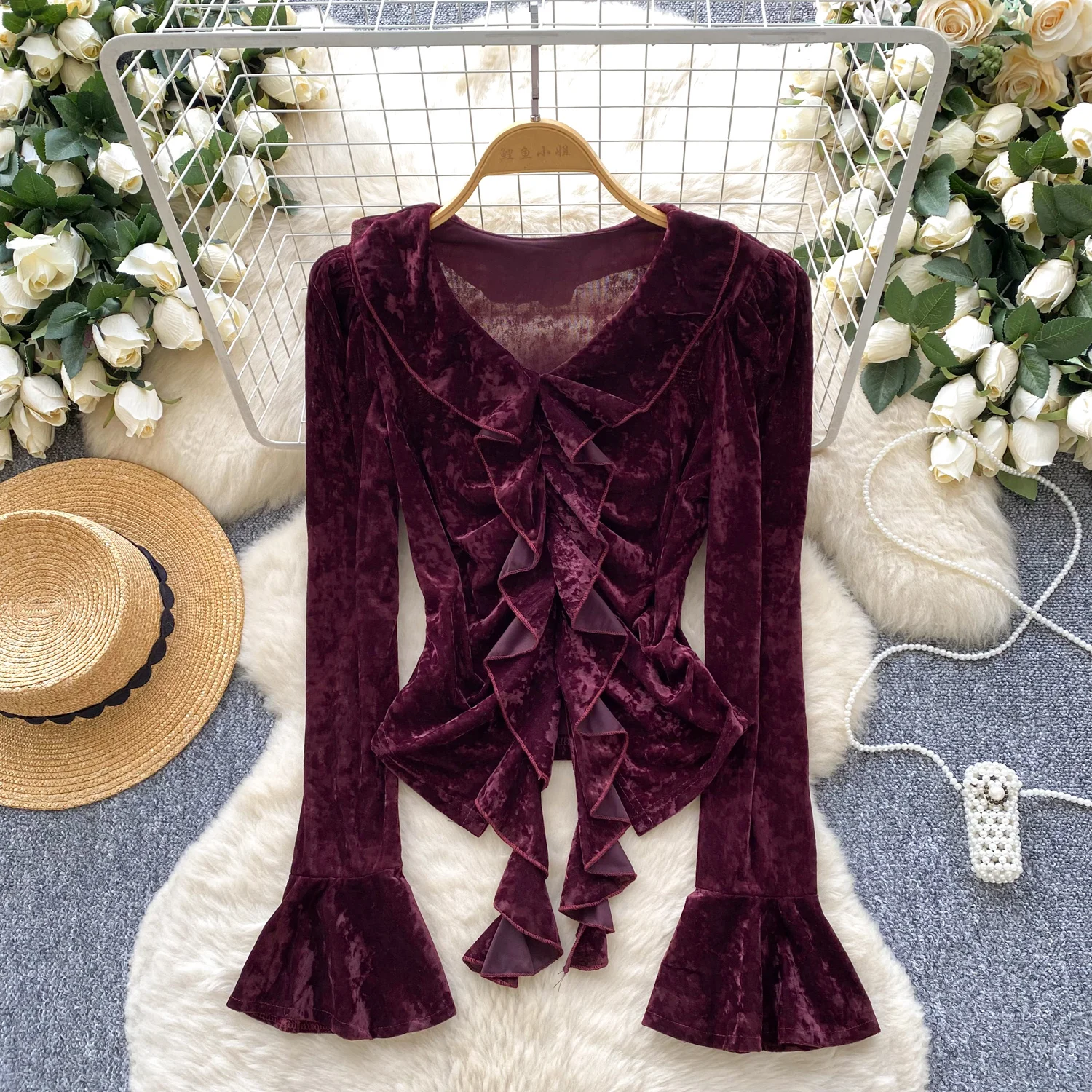 

Винтажная элегантная велюровая блузка с длинными рукавами и рюшами, модная рубашка, повседневная женская рубашка Fairy