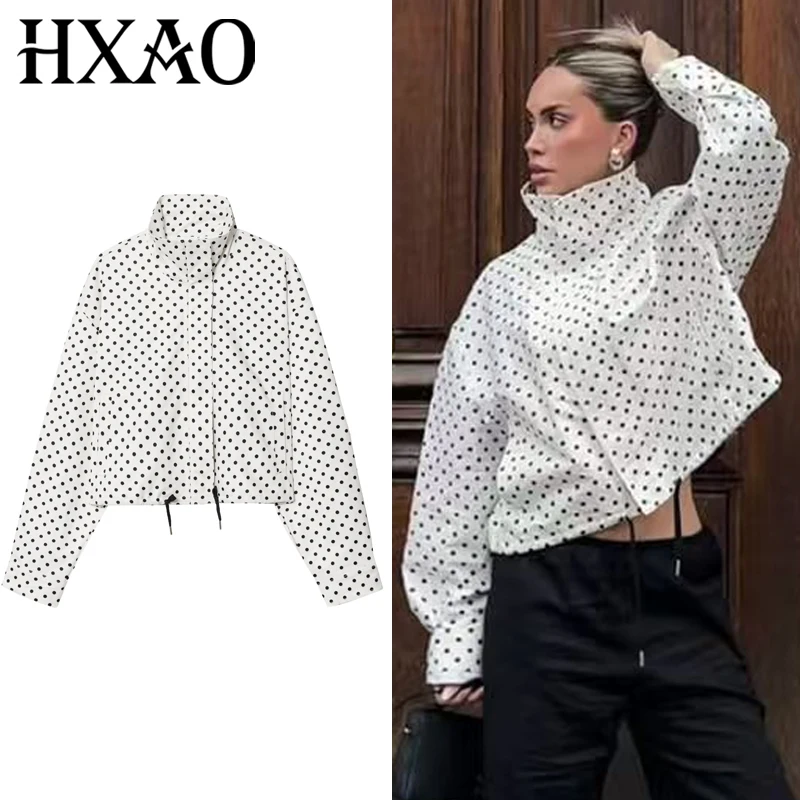 

HXAO Women's Jackets Polka Dot Crop Coat Autumn Aviator Plus Size Zip Up Bomber Jacket Outerwear Chic Oversized Long Sleeve Coat