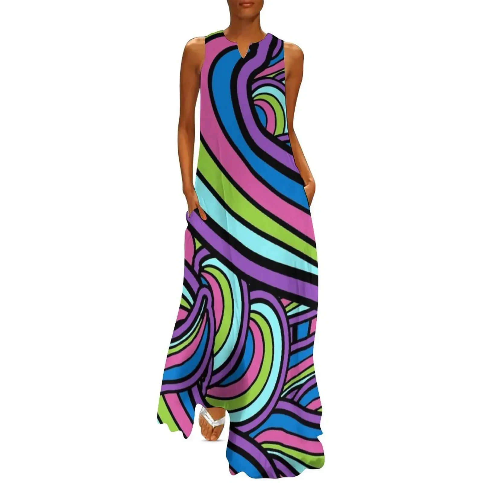 

Geometric Groovy Psychedelic Art Hippie Retro 60's 70's Purple Green Blue Long Dress elegant party dresses for women 2025 Dress