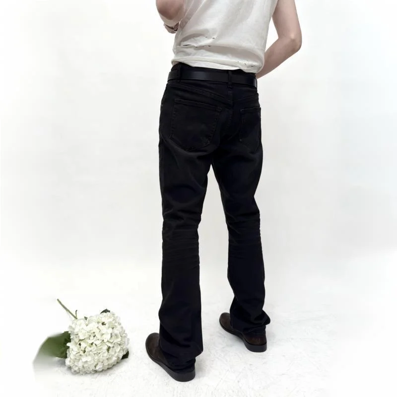HKSH Spring Autumn New Men Tide Dark Flared Jeans Slim-Fit Skinny Washed Distressed Denim Pants Vintage Chic Ins Stylish HK24847