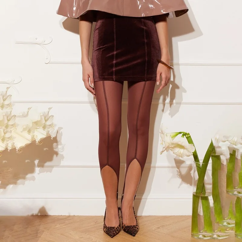New Style Split Perspective Mesh Leggings Women Solid Color Tight Vertical Lines Versatile Pantyhose Elasticity Stirrup Pants