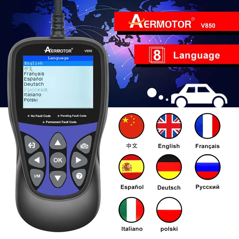 Aermotor V850 Car OBD2 Scanner Multi-languages Check Engine Auto Diagnostic Tool Same as KW85/ELM327 Full OBD 2 Function