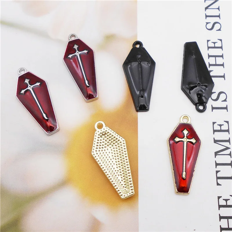 Julie Wang 6PCS Enamel Cross Coffin Charms Halloween Cartoon Vampire Alloy Pendants Necklace Bracelet Jewelry Making Accessory