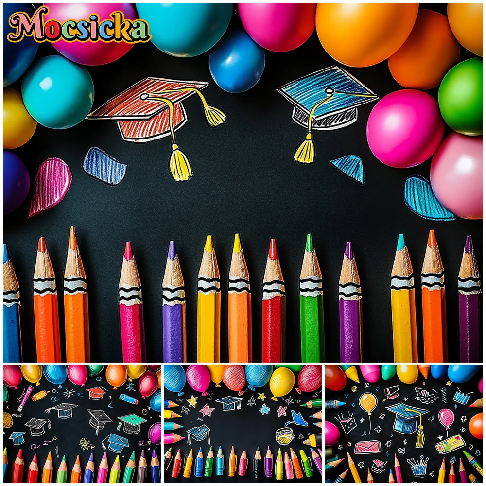 

Mocsicka Back To School Backdrop Student Child Graduation Background Photography Colored Pen Painting Balloons Decor 2025 Banner