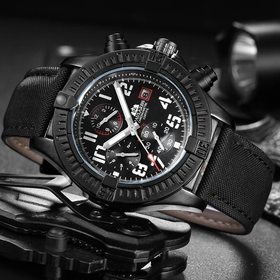 ساعات أوتوماتيكية للرجال ميكانيكية ذاتية الرياح من القماش الأصلي باللون الأسود والأزرق متعددة الوظائف مضيئة Reloj Hombre Baratos