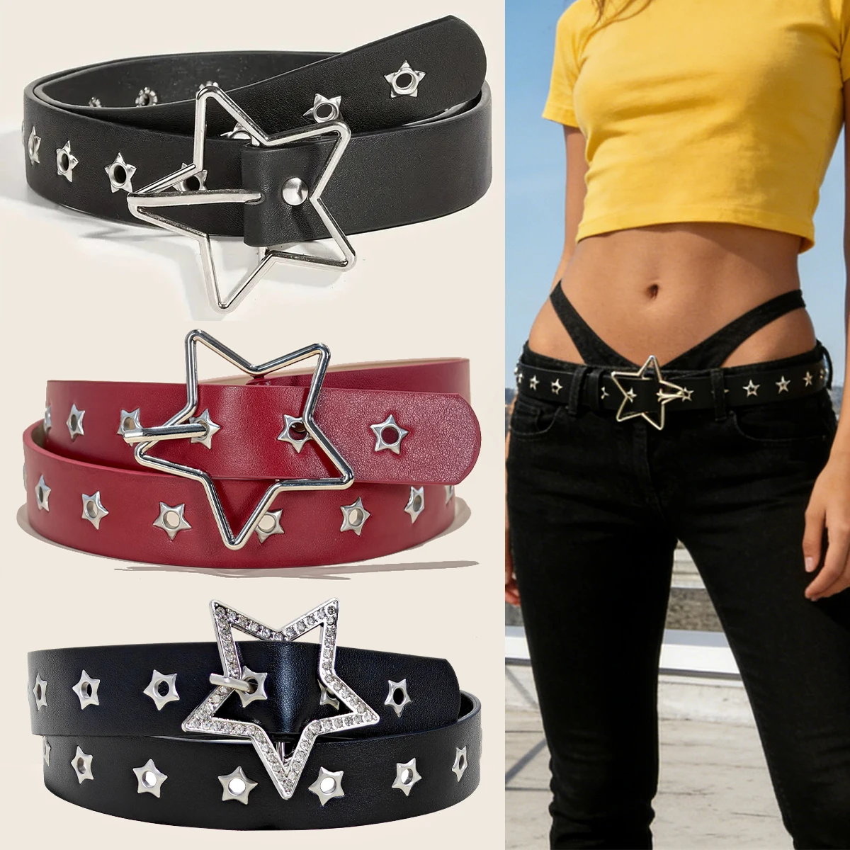 

Модный ремень в стиле панк с декоративной пряжкой в виде звезды, с множеством отверстий, маленькие звездообразные глазки, многофункциональный джинсовый ремень для женщин