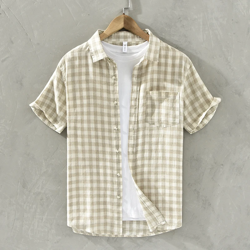 New Designer Pure Linen Short-sleeve Brand Plaid Shirts For Men Fashion Comfortable Plus Size Tops Clothing Camisa Masculina