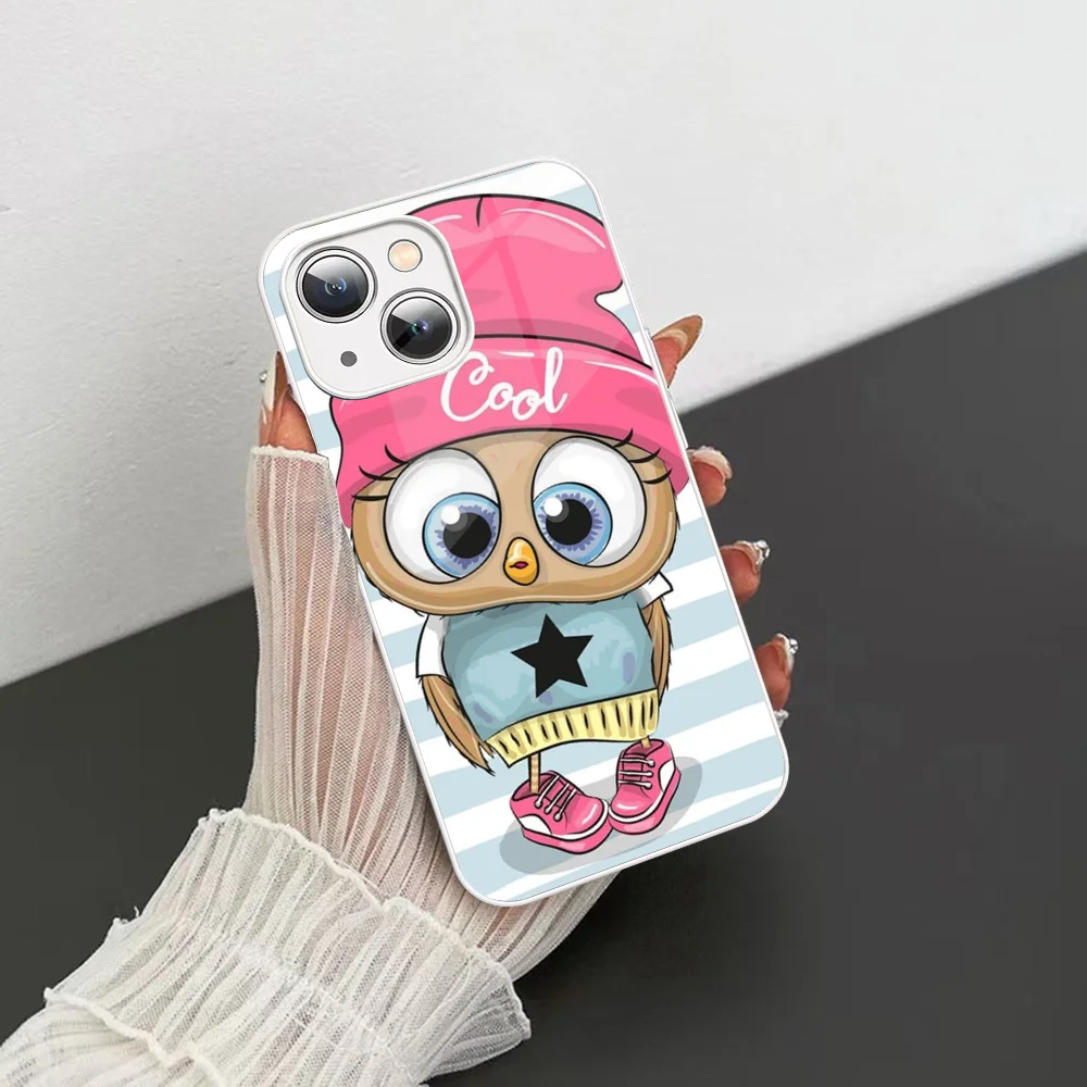 Cute Owl Phone Case Tempered Glass For Iphone 14 13 12 11 Pro Mini XS MAX 14Plus X XS XR Cover