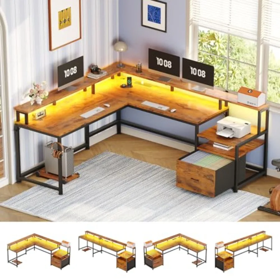66 Reversible L Shaped Office Desk with Power Outlet, File Drawer Steel Frame, Black Cable Management Spacious Workspace
