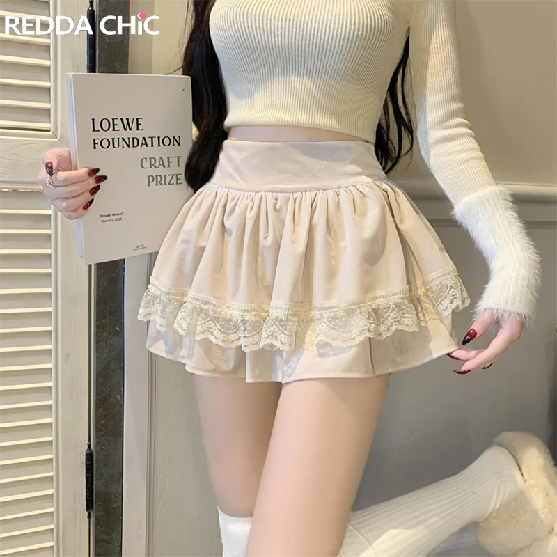 

REDDACHiC Medieval Retro Velvet Cake Skirt Women Kawaii Lace Stitch Plain Layered Ruffle High Rise Lined Lolita Puffy Mini Skirt