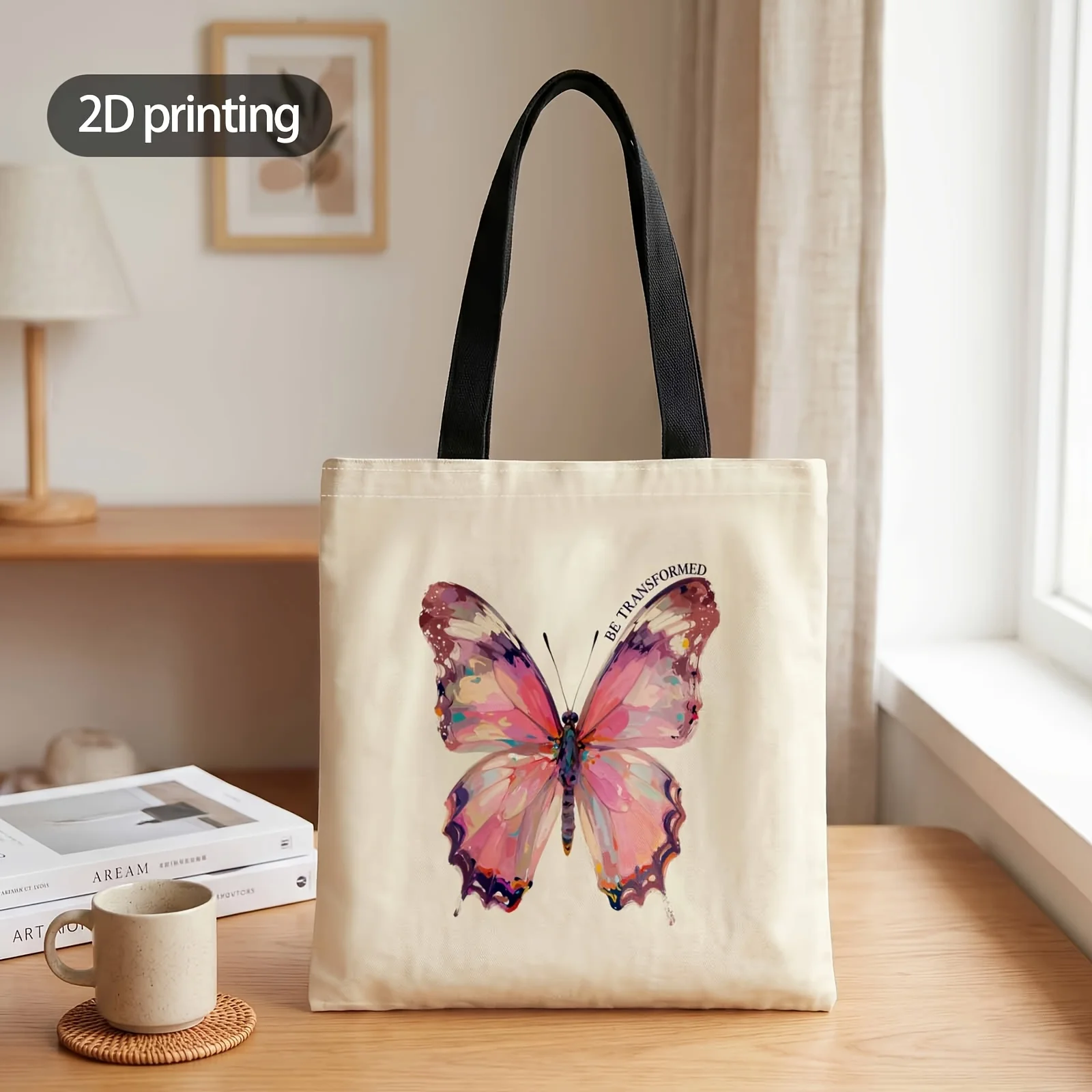 1pc 2D Printed Handbag with Wings of Change Pattern, Reusable Fashion Shoulder Bag Handbag Shopping Tote Bag Suitable for Shoppi
