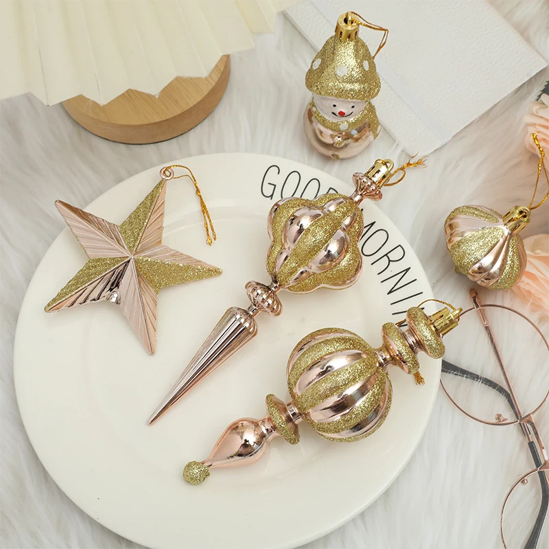 2PCS Pink&Gold Christmas Hanging Decoration Soldier Snowman Xmas Tree Five-pointed Star Pendnat New Year Festival Party Supplies