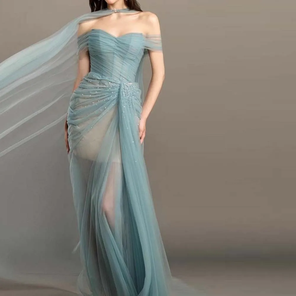 Customized Illusion Draped Evening Dress Off the Shoulder Mermaid vestidos de gala with Cape See Through Bottom Prom Dresses