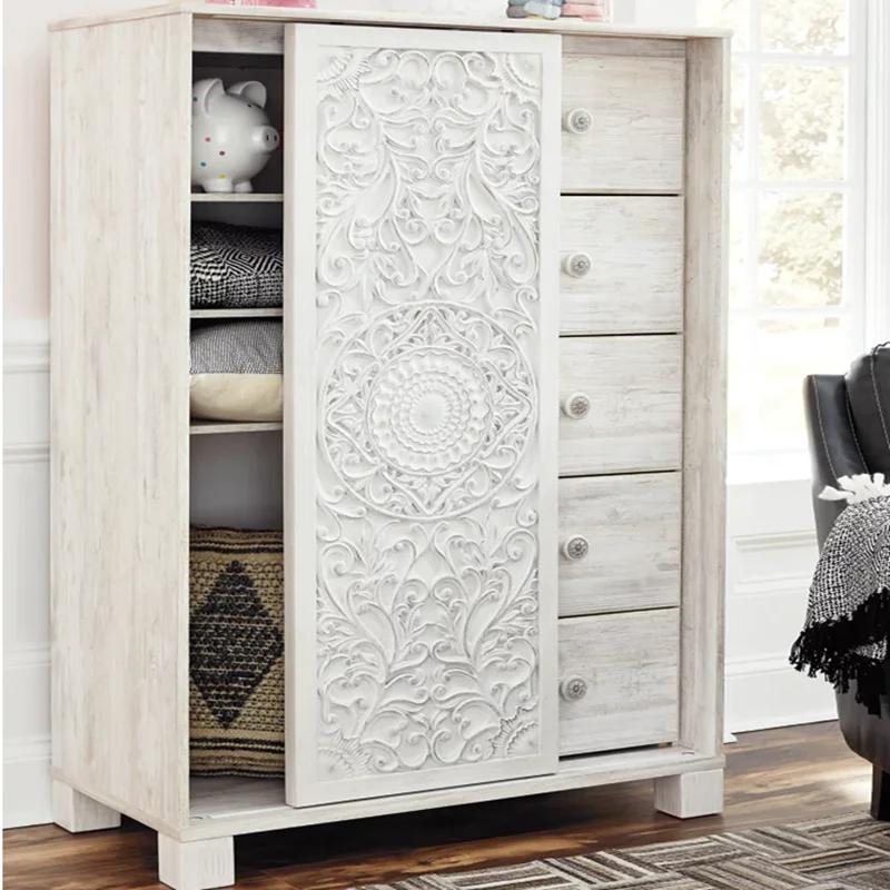 

French solid wood wardrobe European white old locker American carved retro wardrobe B & B furniture