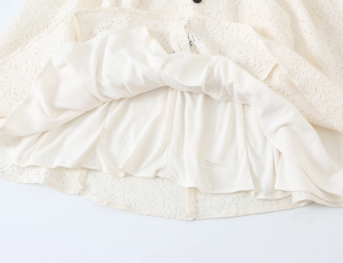 Elegantes Damen-Spitzen-Mini-A-Linien-Kleid, Modisches Lässiges Kurzarm-Kleid mit Knopfleiste, Süßes Damenkleid mit Rundhalsausschnitt in Unifarbe – Detail 9