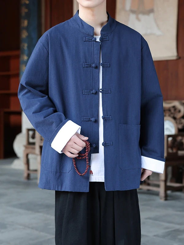 

New Chinese Sle Men's Jaet Dad Coat Button Design Loose Fit Long Sve Cotton Autumn Wear for ly Casual Outerwear