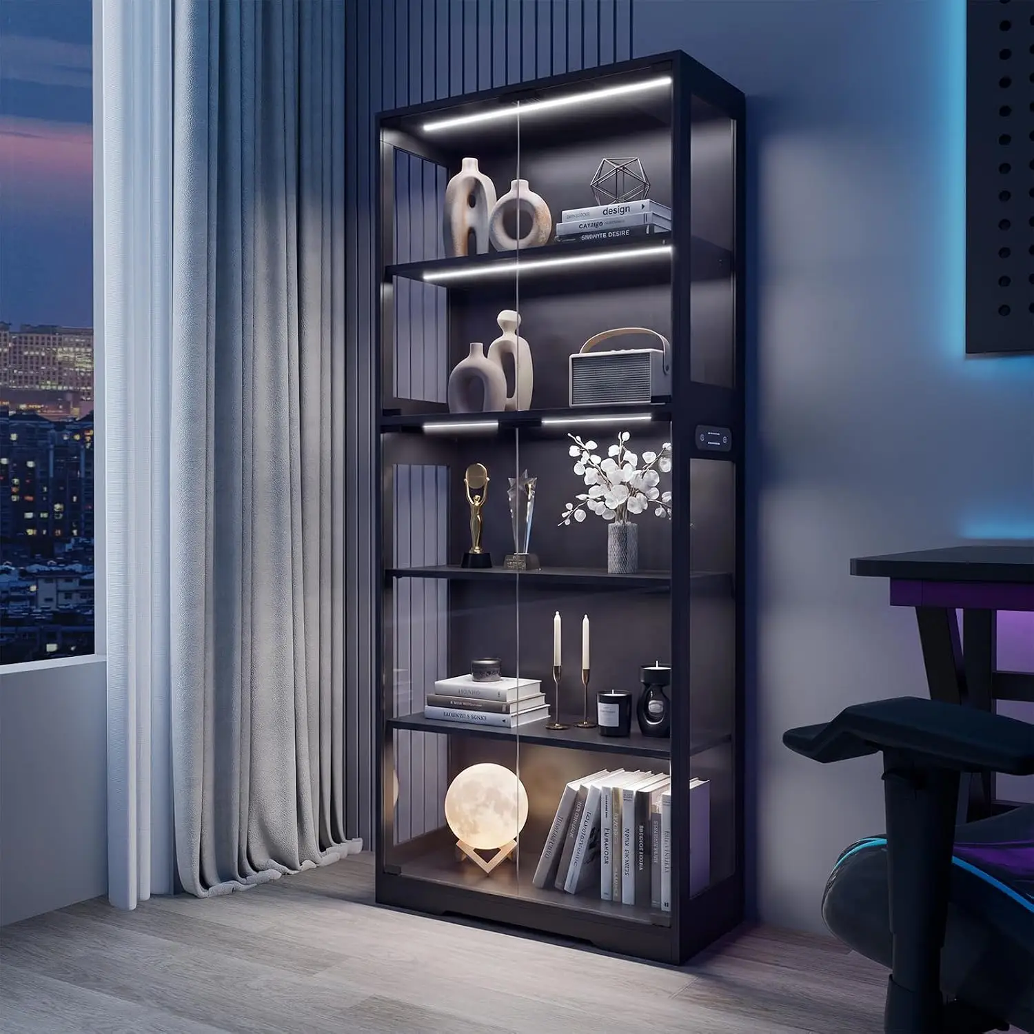 Glass Display Cabinet 5-Tier with Doors LED Motion Sensor for Collectibles Living Room Bedroom Office Wood, Customized
