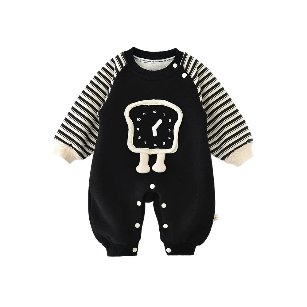 2025 شتاء جديد طفل طويل الأكمام الصوف رومبير الرضع فتاة الكرتون مخطط بذلة زائد المخملية سميكة طفل الملابس الدافئة 0-24 متر