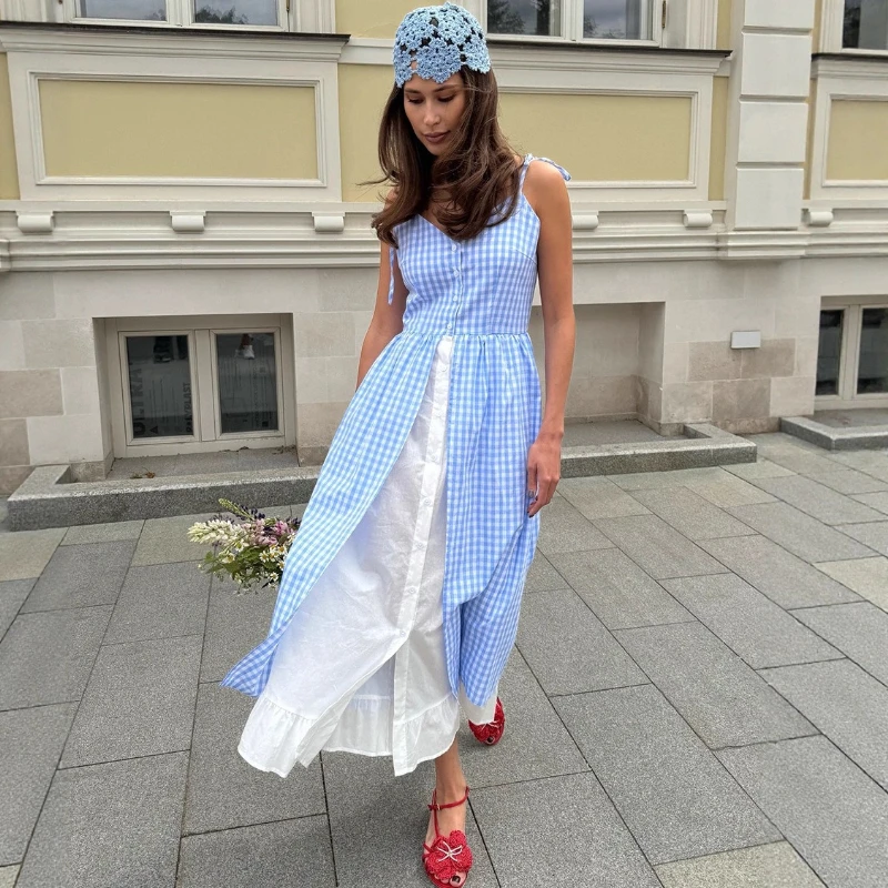 TARUXY Blau Plaid Patchwork Kleid Frauen Sommer Neue Elegante Faux Zwei-Stück Einreiher Splice Slip Kleid Weibliche bankett Kleid