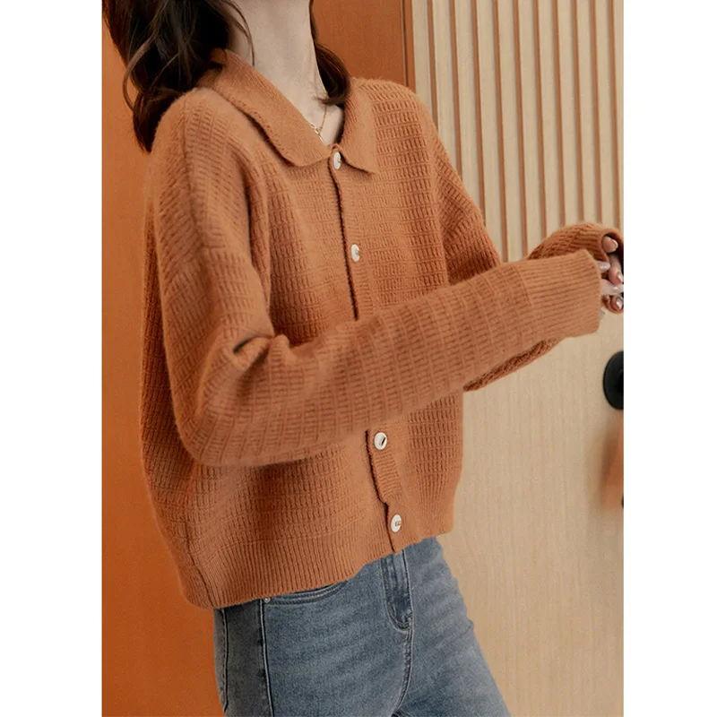 

Ele Slim Fit Knitted Sweater Women's Autumn Winter Casual Long Sve Turn-down Collar Base Layer Single Button Knitwear