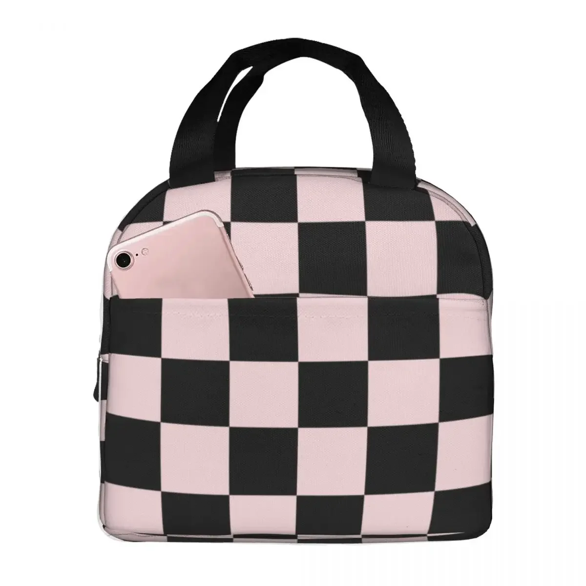 Checkered Black And Light Pink Checkerboard Plaid Insulated Lunch Bag for Women Waterproof Cooler Thermal Lunch Tote Work School