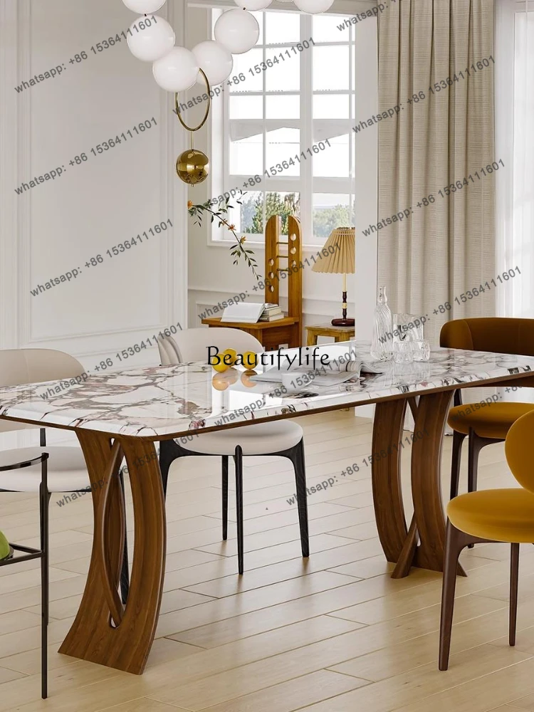 12*Natural marble dining table light luxury high sense French retro rectangular solid wood full care