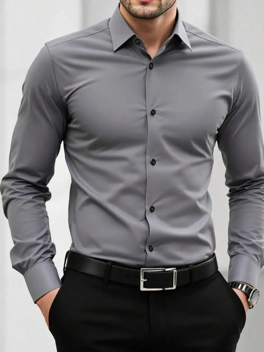 

Men's Solid Gray Long Sleeve Single-Breasted Casual Business Shirt