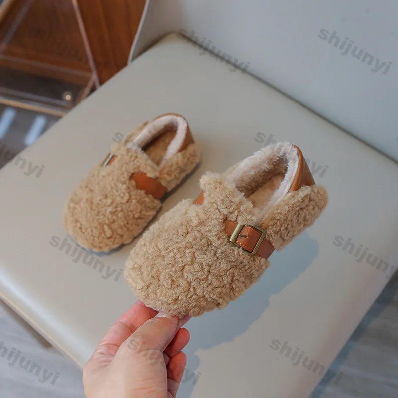 Children's Winter Flat Cotton-padded Shoes Winter Fashion Girls Warm Cotton Fur Fluffy Loafers Warm Toddler Casual Non-slip Shoe