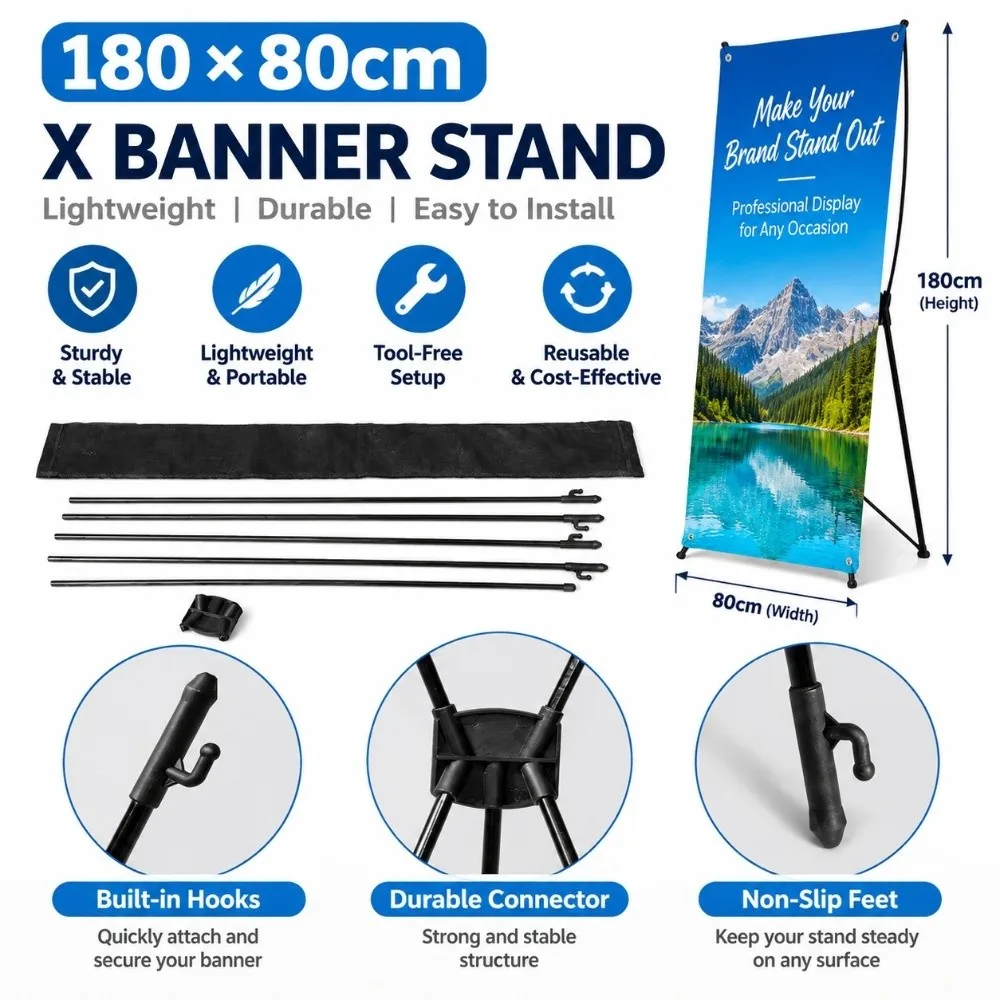 Portable 180×80cm X Banner Stand Lightweight Tool-Free Stable X Stand Roll-Up Foldable Poster Display Stand Advertising
