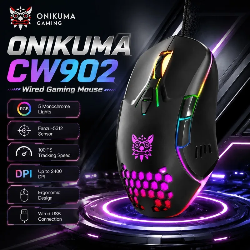 ONIKUMA CW902 Wired Generic RGB Gaming Mouse 7 Button Ergonomic Mouse 2400 DPI Adjustable Optical Sensor Lightweight PC Computer