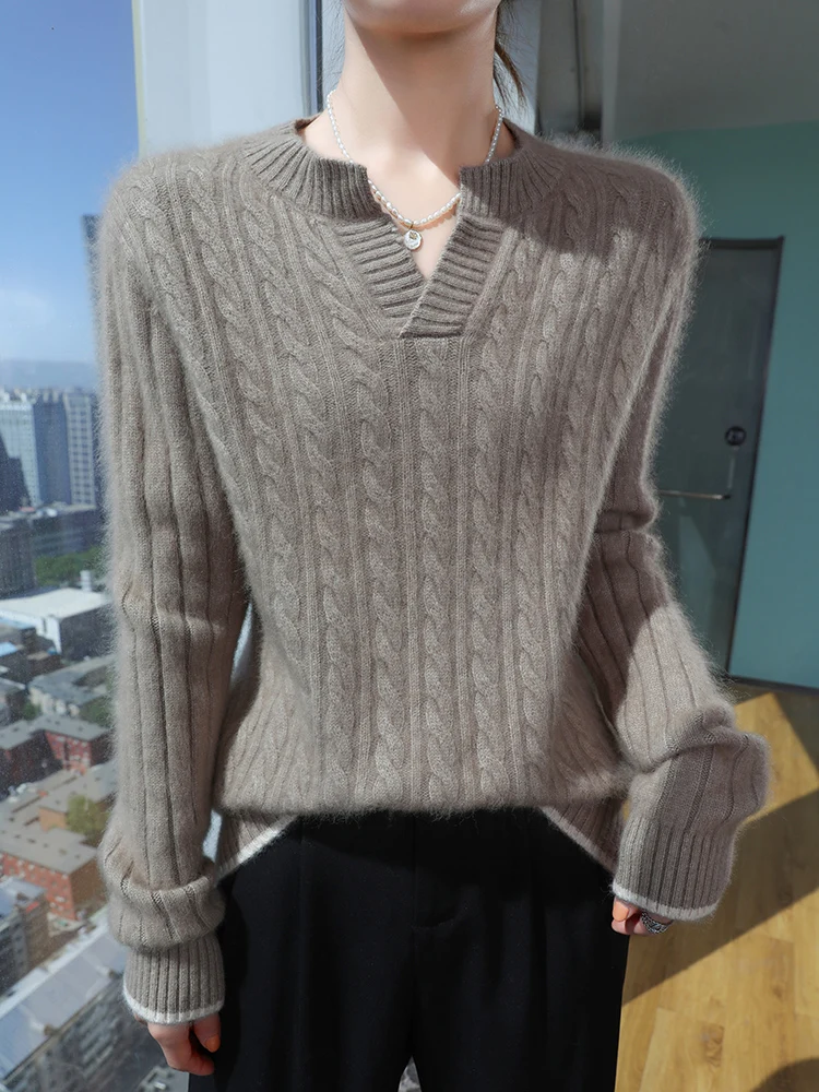 

TLOML New Women 100% Mink Cashmere Sweater V- Neck Cable Knit Pullover Casual Autumn Winter Soft Warm Thick Cashmere Comfy Tops