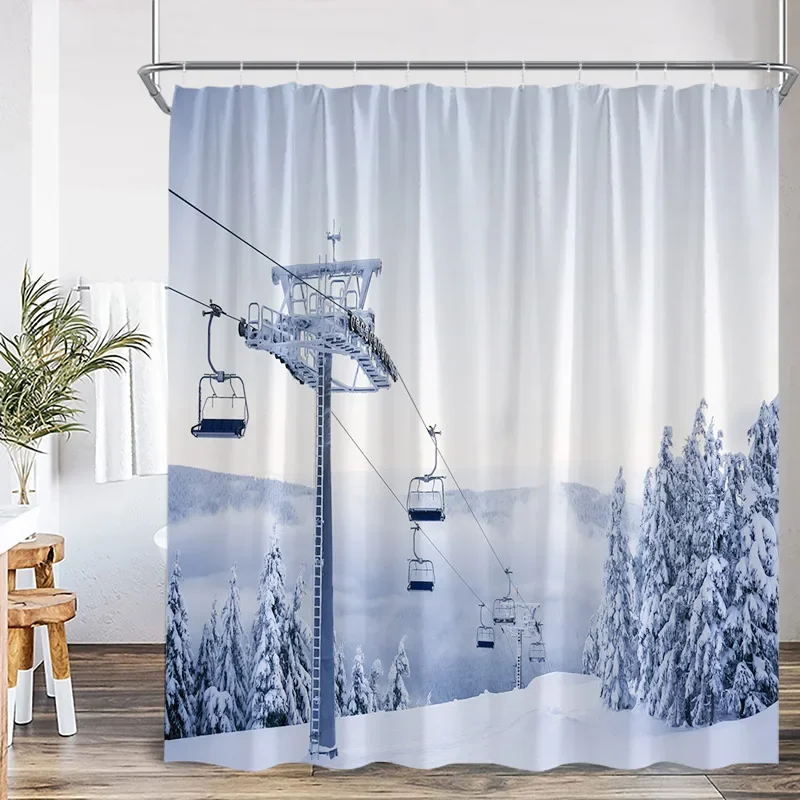 Winter Landscape Shower Curtains Brown Window Cedar Snow Mountain Nature Scenery Home Bathroom Decor Bath Curtain Set With Hooks