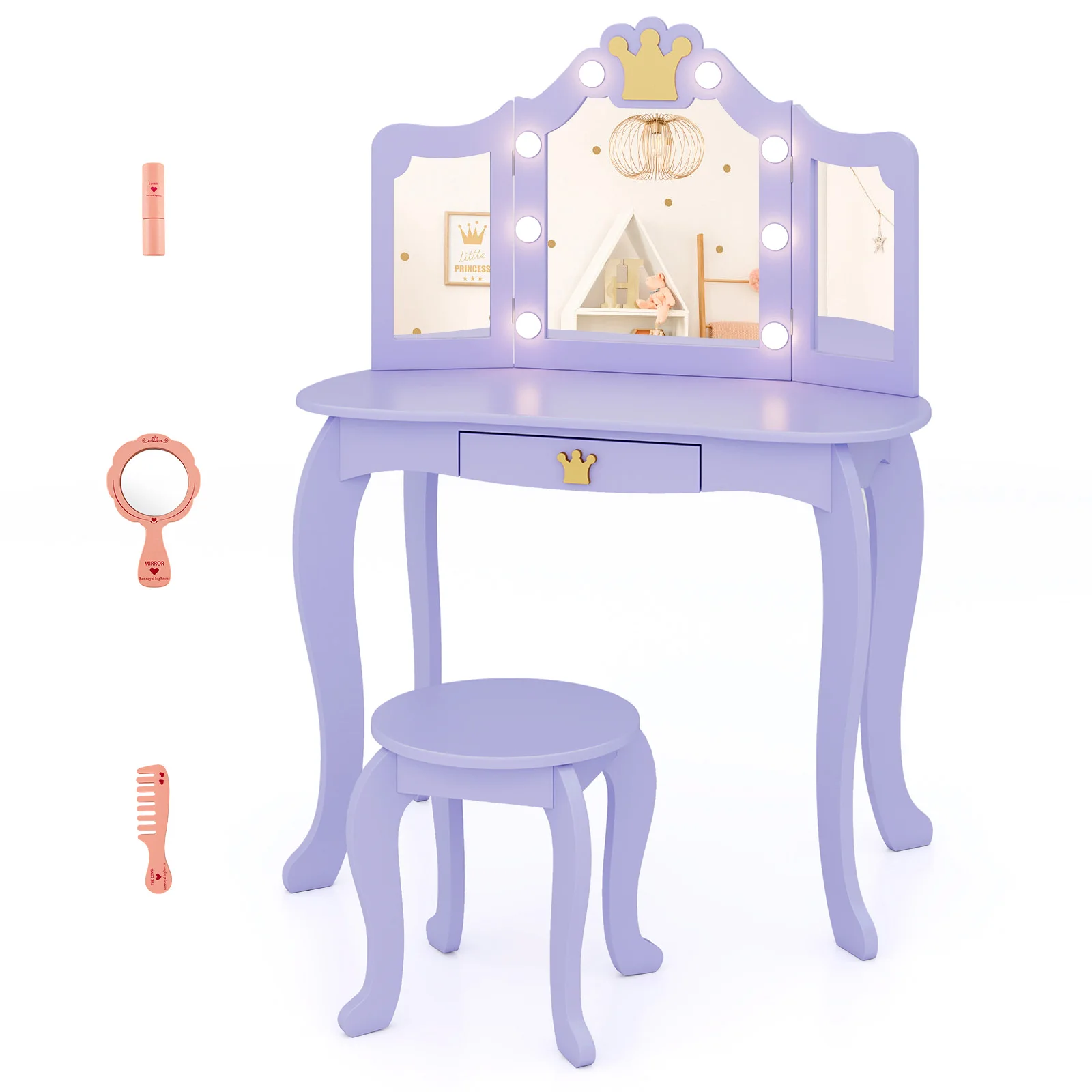 

Kids Vanity Set Princess Vanity Table & Chair Set with Lighted Mirror