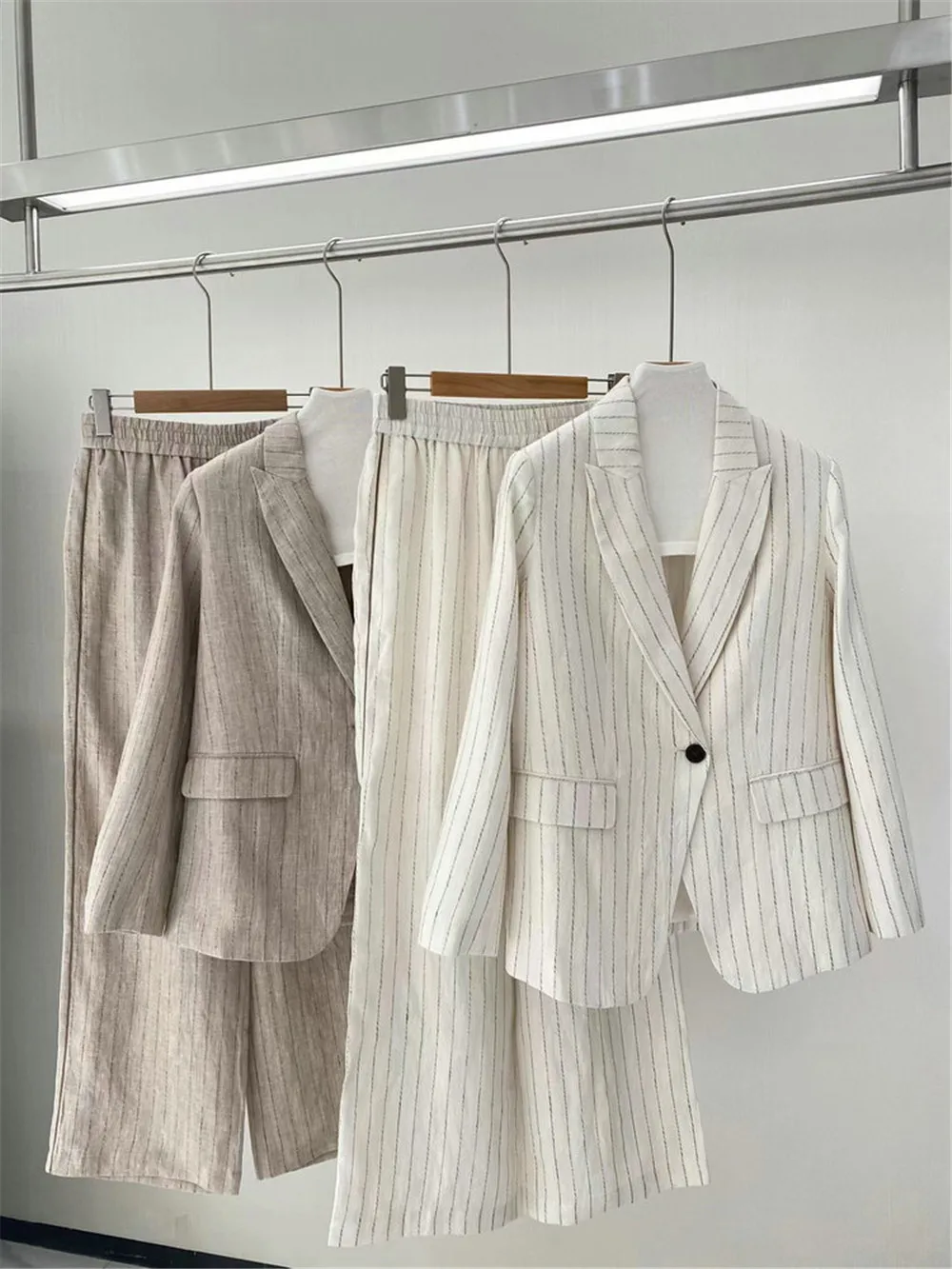 New B*C Striped Linen Jacket Casual Straight Pants Suit for Women