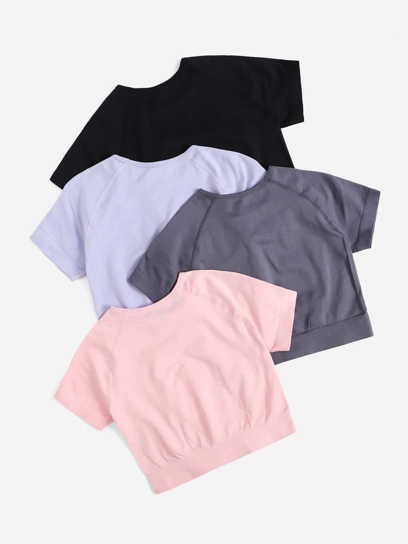Ladies Ribbed Hem Seamless Cropped Sports Tee Round Neck Stretchy Workout Gym Running Yoga Top