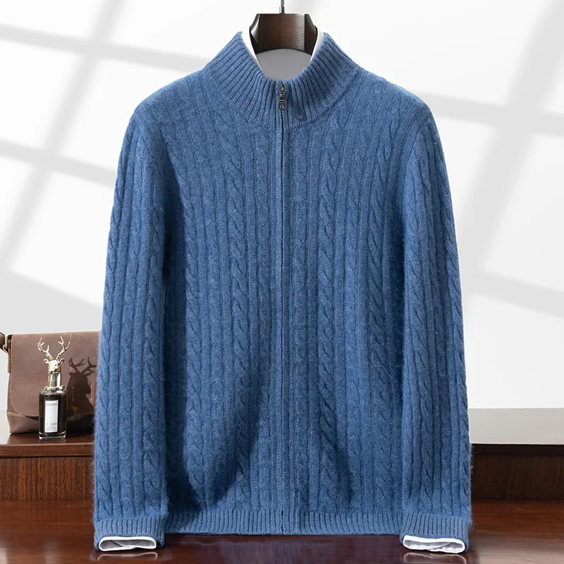 Tcyeek Men's 100% Cashmere Cable Knit Zipper Cardigan Thick Warm Cashmere Sweater Autumn Winter High Quality Cashmere Clothes