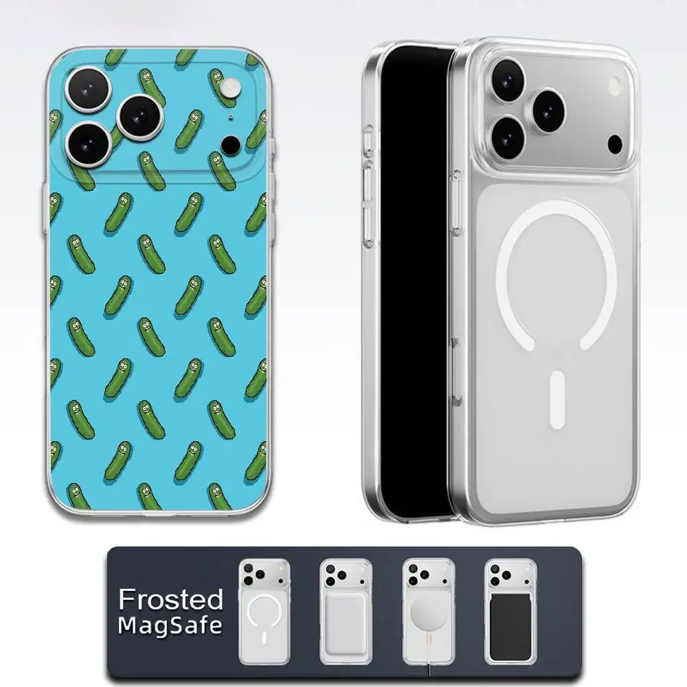 Custodia per telefono R-RickS Cucumber P-Pickles per iPhone 17,16,15,14,13,12,11,Pro,Max,Plus,E,Air,Mini Magsafe satinato trasparente
