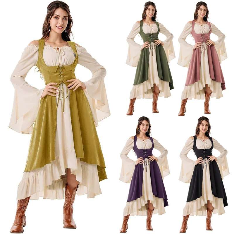 Европейское средневековое ретро-платье в стиле Ренессанс с контрастными цветами, корсетное платье в пиратском стиле с низким вырезом, элегантное платье, костюм на Хэллоуин