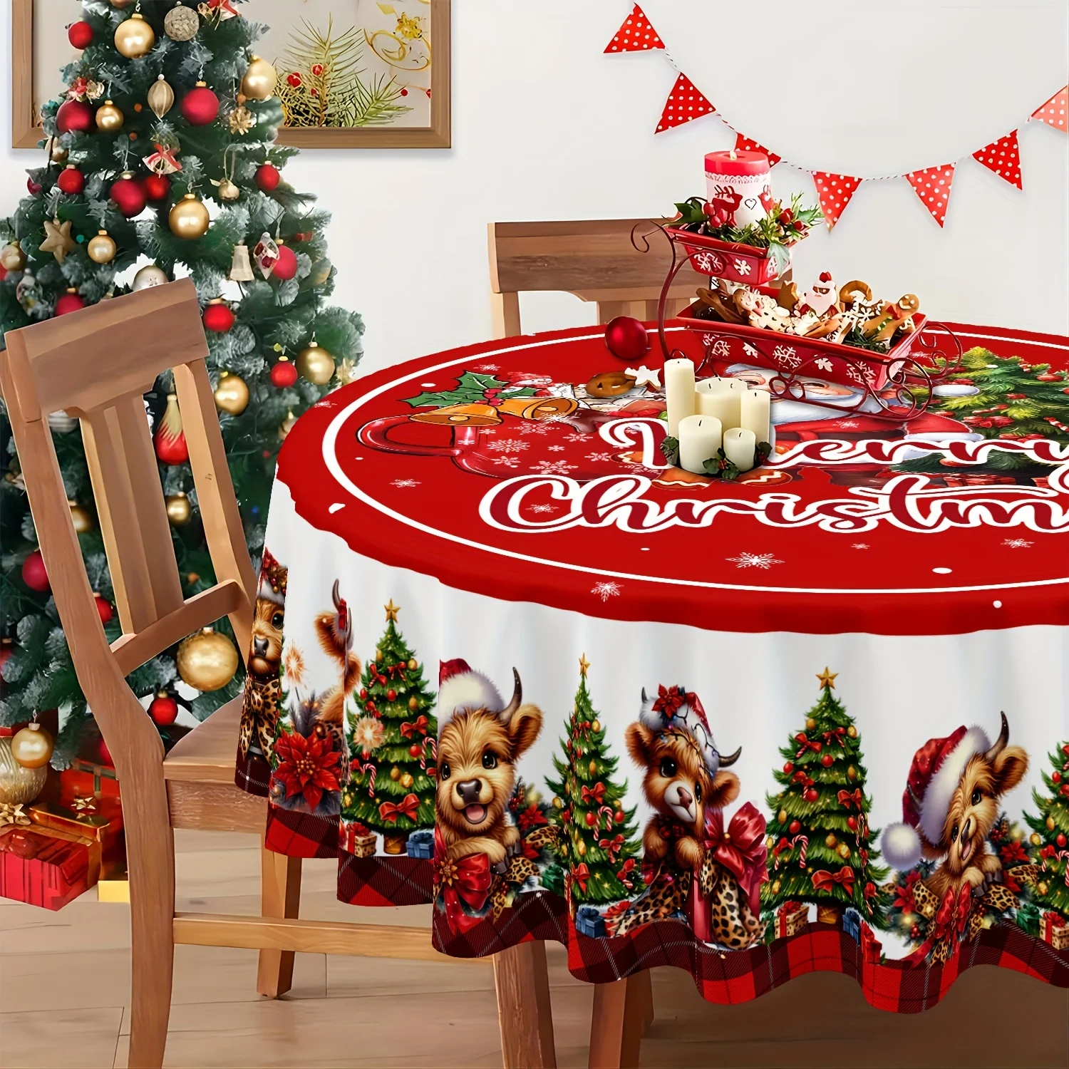 1 Classic Red Christmas Tablecloth with Santa, Deer and Christmas Tree Design - Christmas Farmhouse Red Checked Polyester Cloth