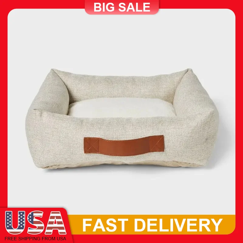 

4-Sided Bolster Dog Bed Cream Soft Nonskid Bottom Carrying Handle Indoor Pet Bed Comfortable Portable for Dogs