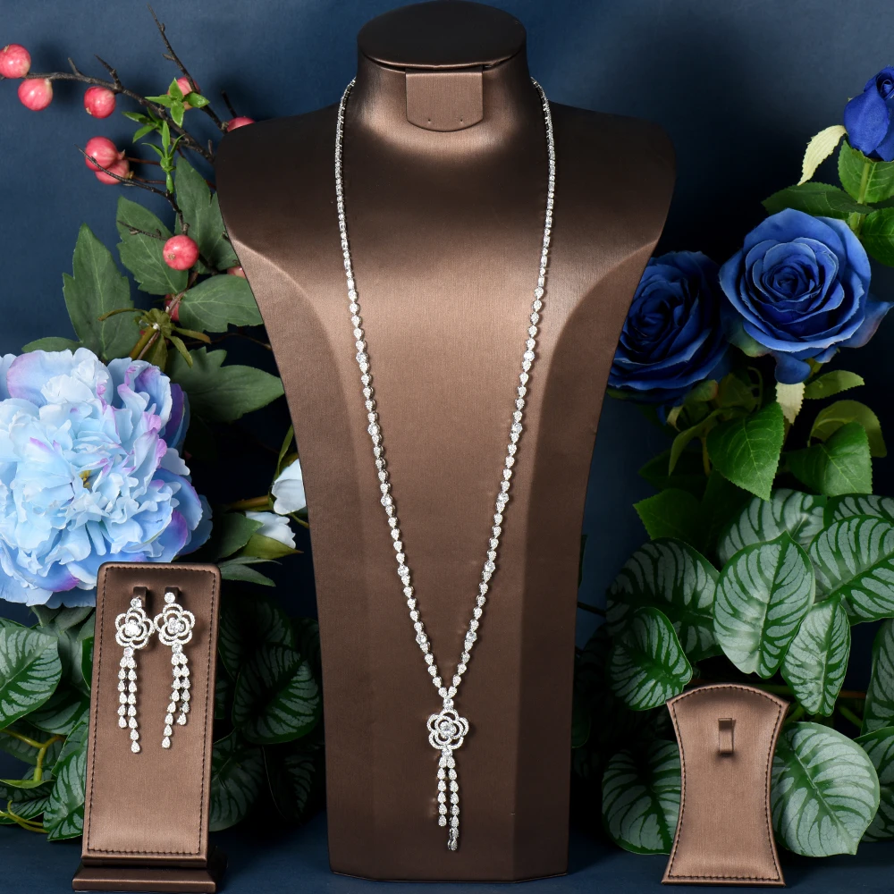 

HIBRIDE Trendy Flower Design Sweater Long Necklace Earring Sets For Women Wedding Party CZ African Dubai Bridal Jewelry N-1339