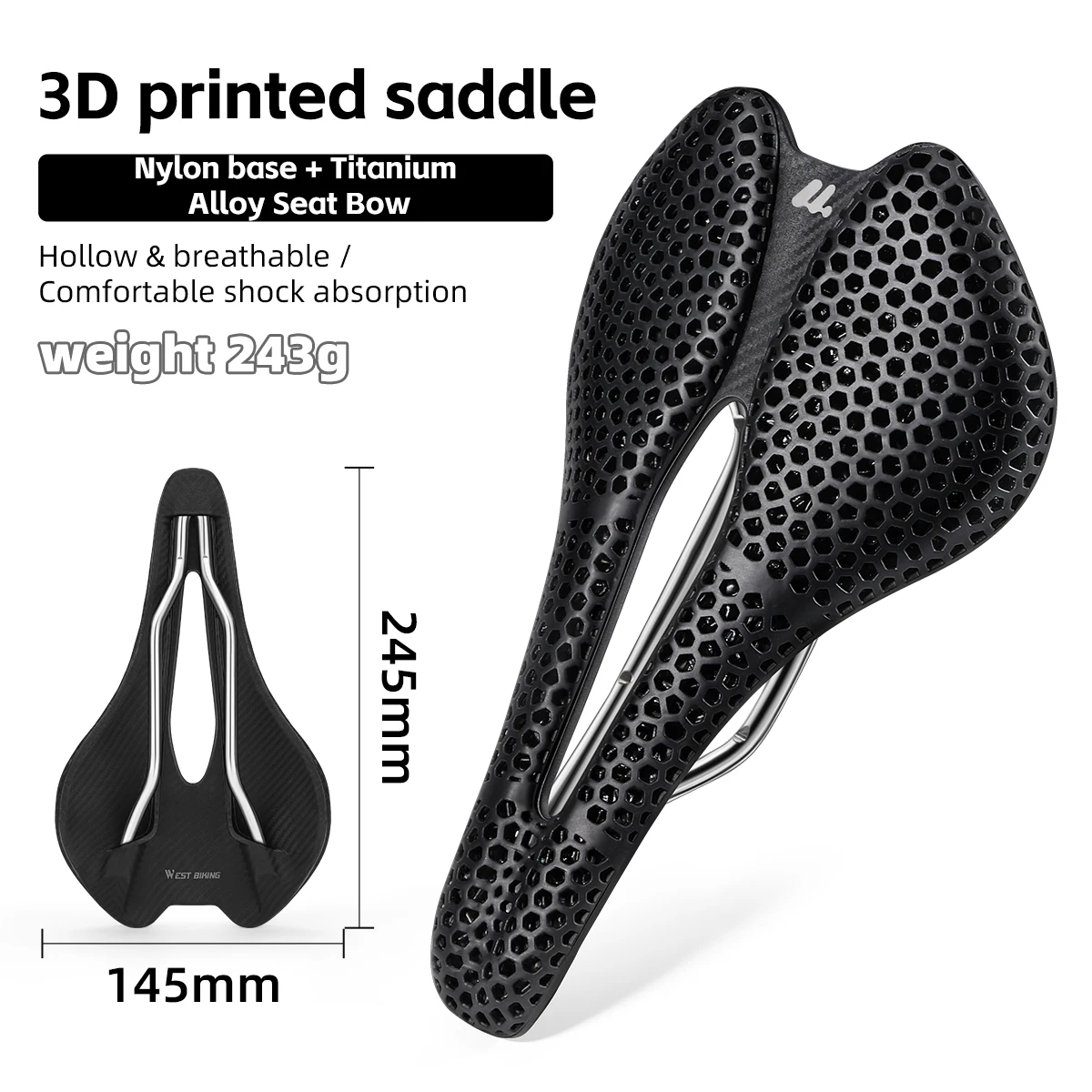 WEST BIKING 3D-geprint fietszadel T700 koolstofvezel/titaniumlegering/Cr-Mo zadelboog comfortkussen voor racefietsen 145/150 mm