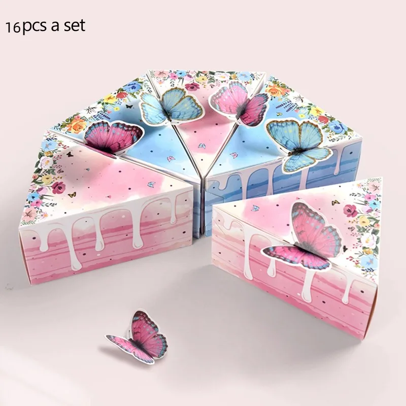 

A Top Quality Triangle Cake Shaped Candy Boxes with Butterfly, Party Favors for Baby Shower Wedding Birthday Gift Packaging