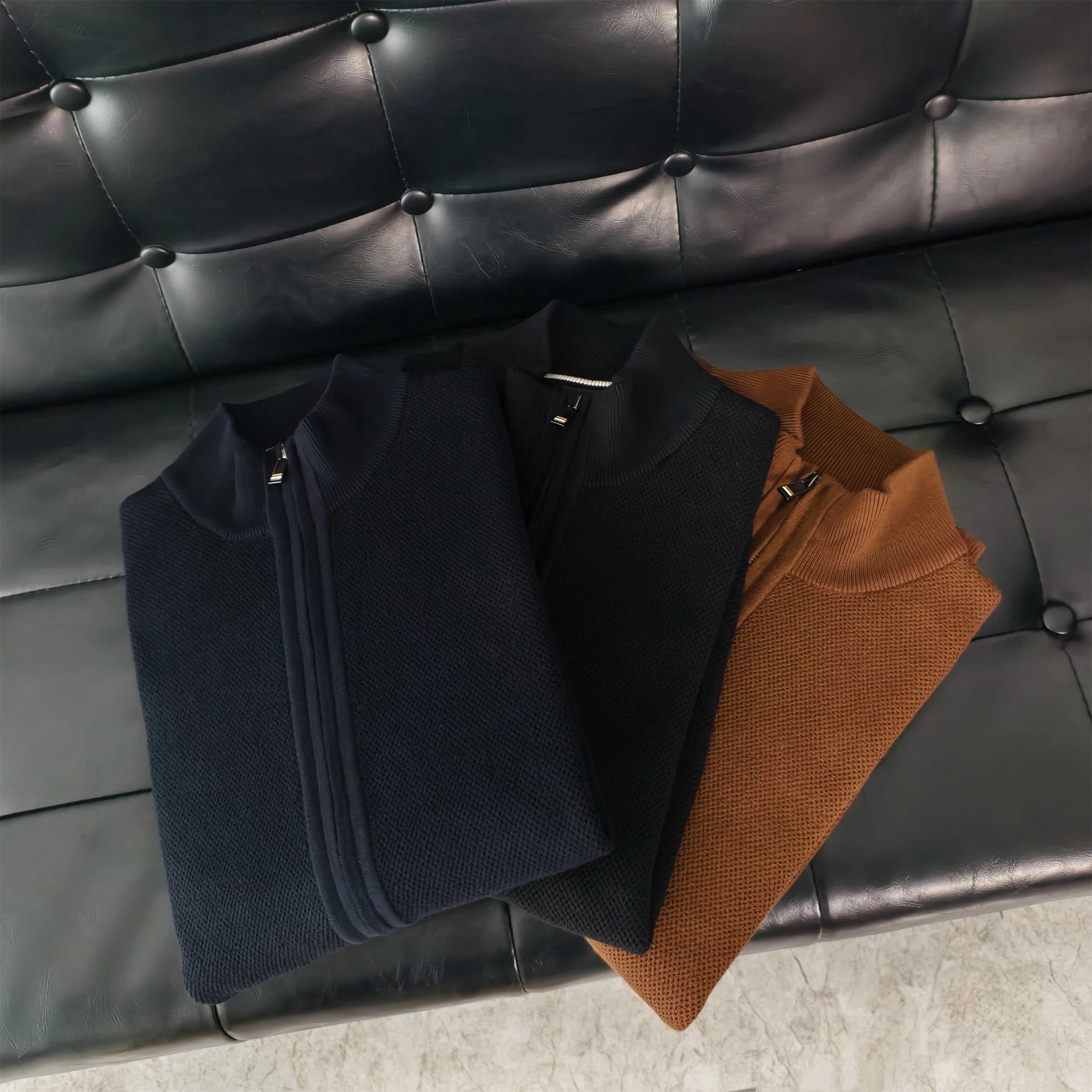 

Retro Thiened Cotton Zipper Cardigan Men's f High Collar Knitted Sweater Warm Breathable Elastic Pure Color Ciwalk Off...