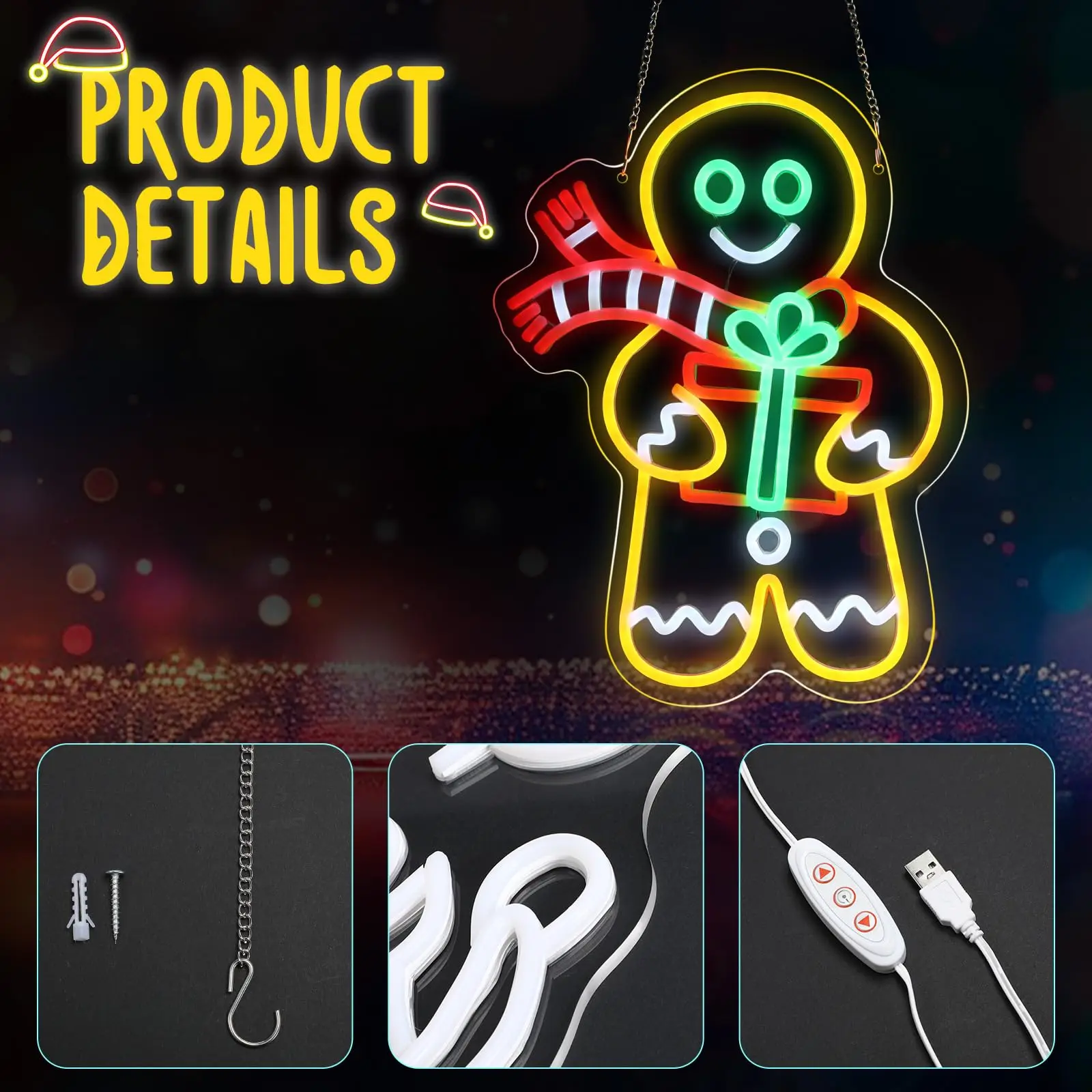 Gingerbread Man  Neon Sign for Wall Decor USB Power Dimmable Switch for Bedroom Cafe Bar Living Room Christmas Party Gift