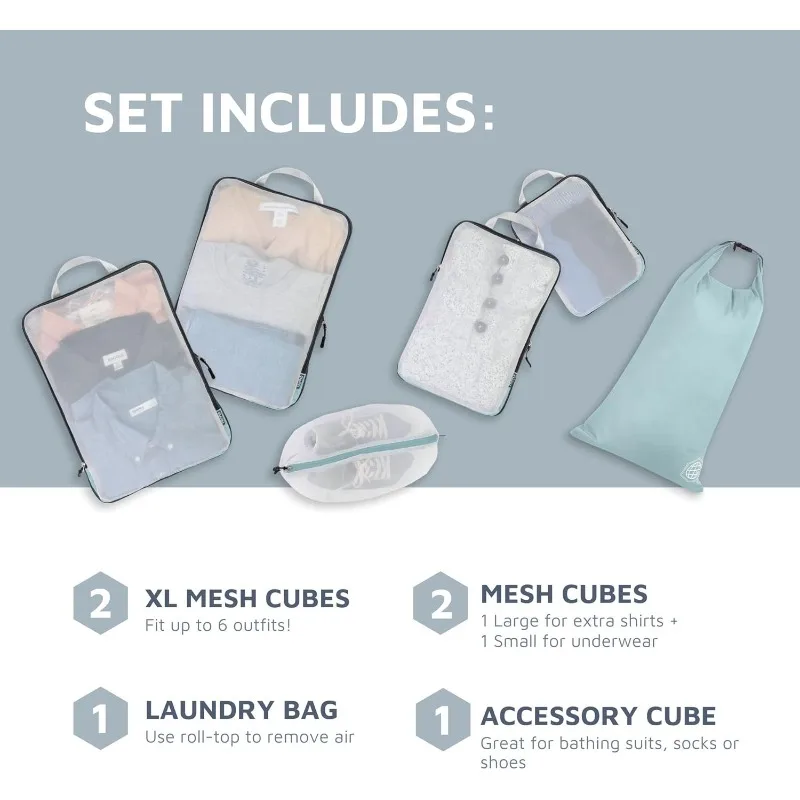 Large Packing Cube Set with See Through Mesh- Compression Packing Cubes Travel Organizers (Dusty Teal)