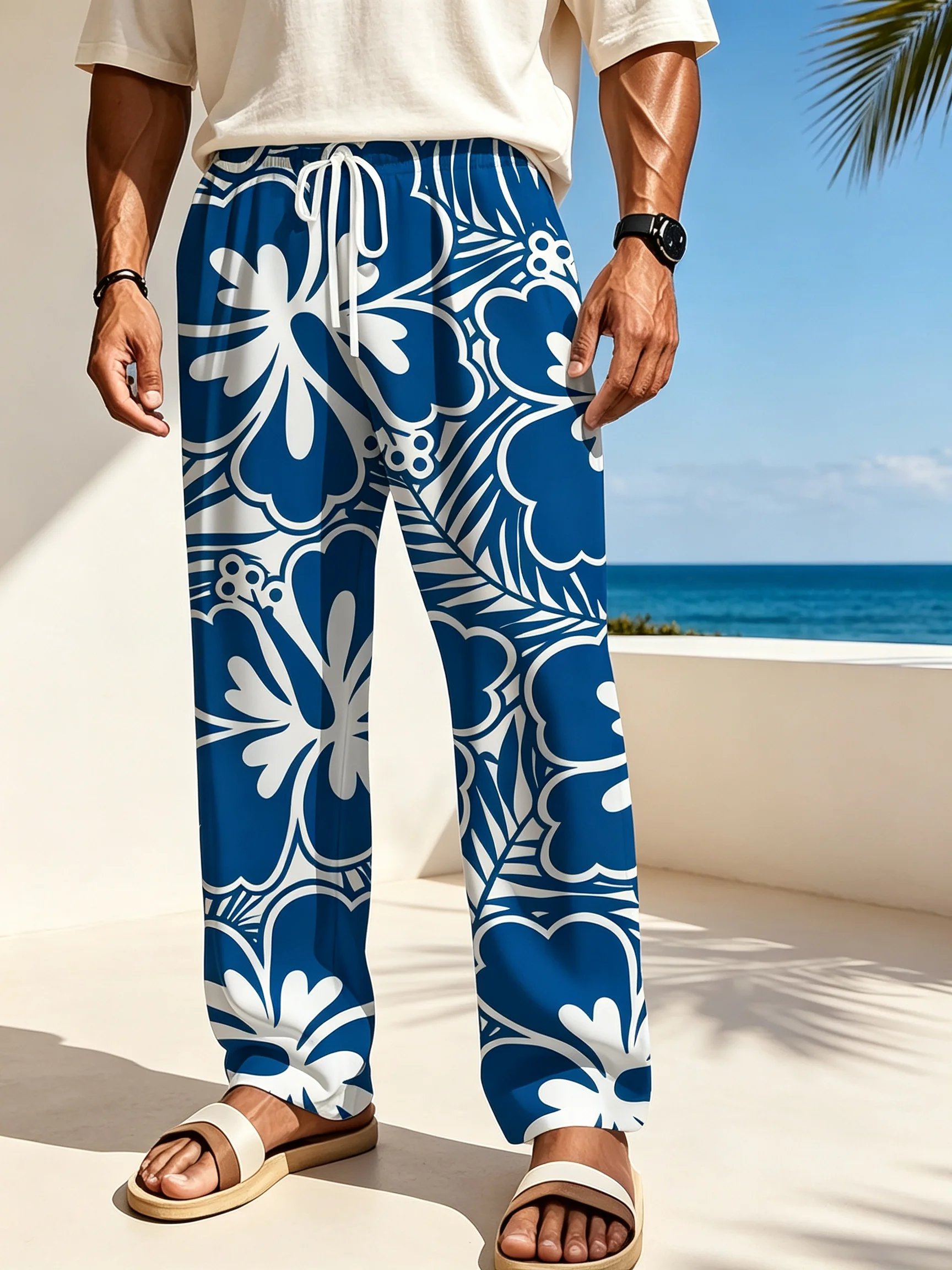 Men's Hawaiian Hibiscus Floral Print Loose Wide‑Leg Pants Elastic Drawstring Waist Casual Beach Vacation Long Trousers